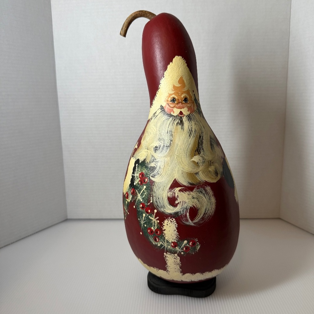 Vintage‎ Hand Painted Santa Claus Gourd Christmas Folk Art Wooden Base HUGE